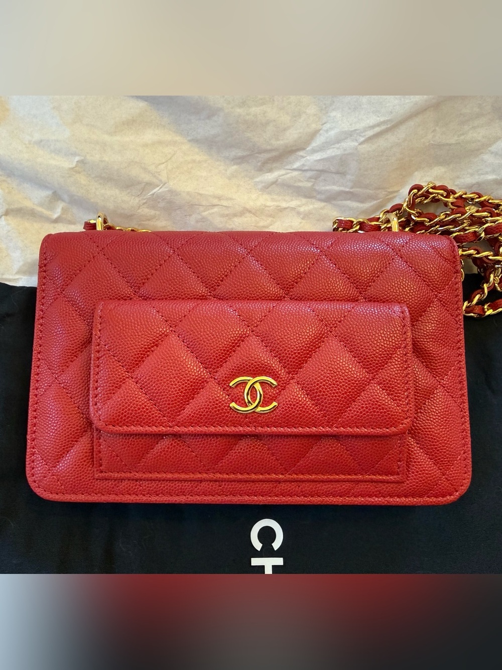 Authentic Chanel Red Caviar Twin Pocket Wallet on Chain Bag WOC
